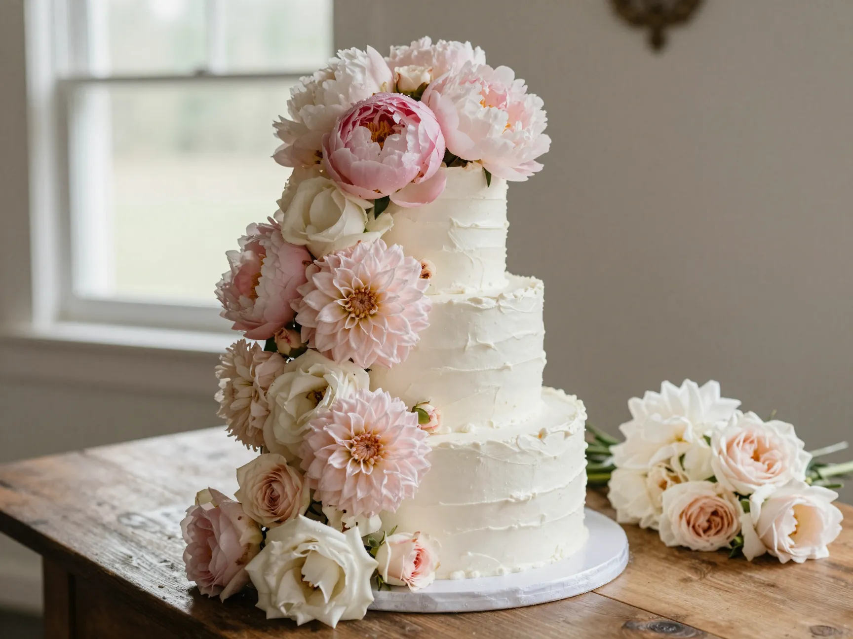 Oversized fresh peony cascade on tiered white buttercream wedding cake