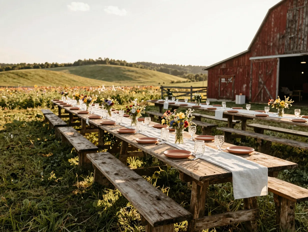Rustic farm barn wedding with long tables golden afternoon