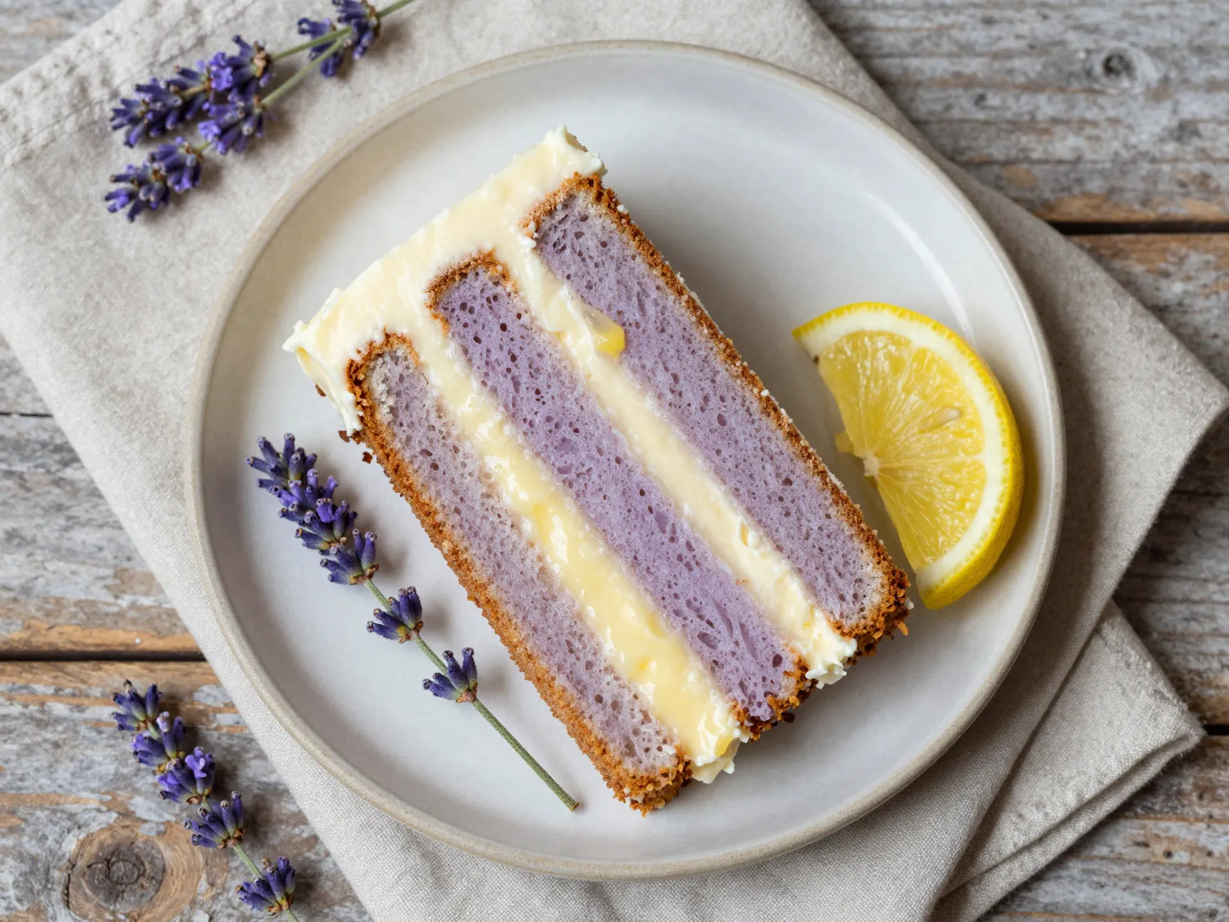 Lavender lemon curd cake slice cross section on rustic plate