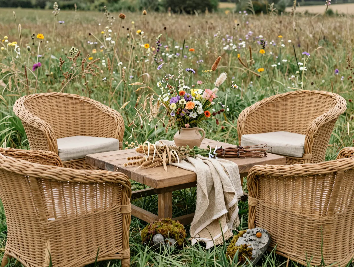 Meadowcore wedding aesthetic wildflowers wicker furniture textures