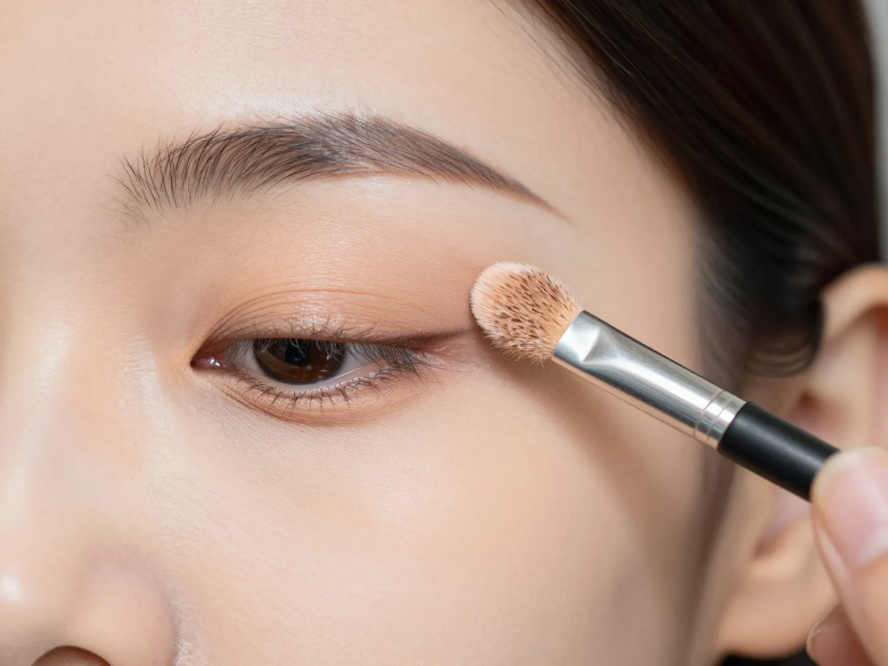Strategic concealer application under eyes with small fluffy brush