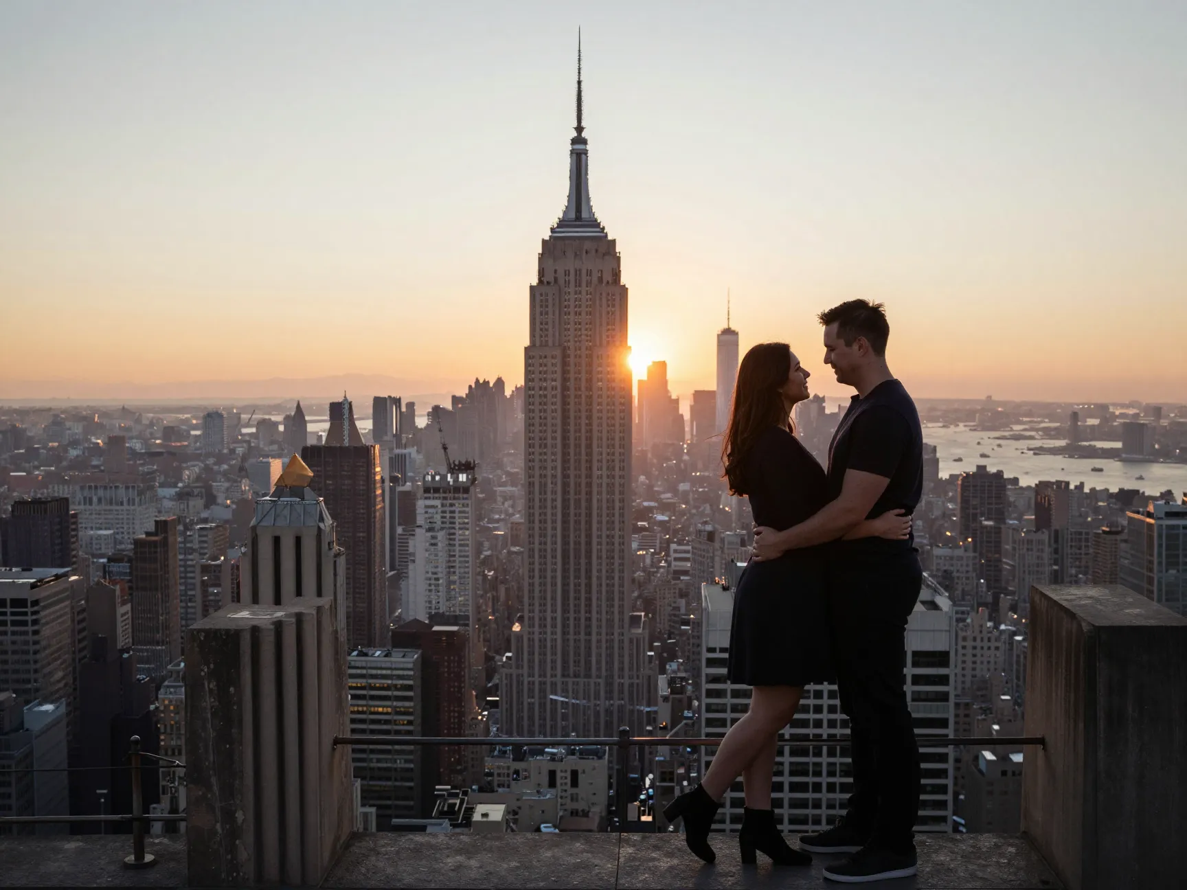 Top of the rock sunrise engagement photos with empire state building skyline