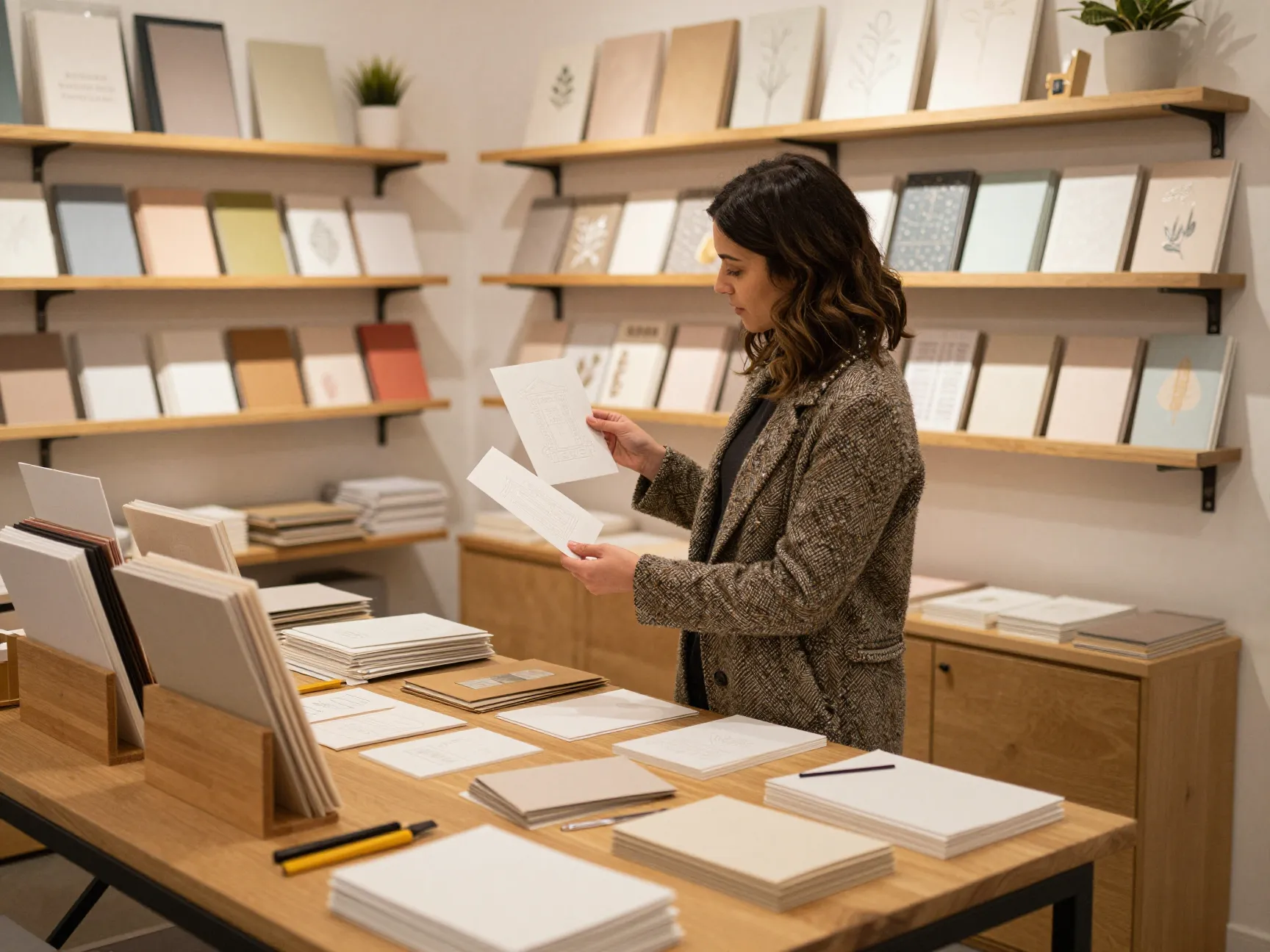 Woman selecting paper samples artisan stationery shop brooklyn