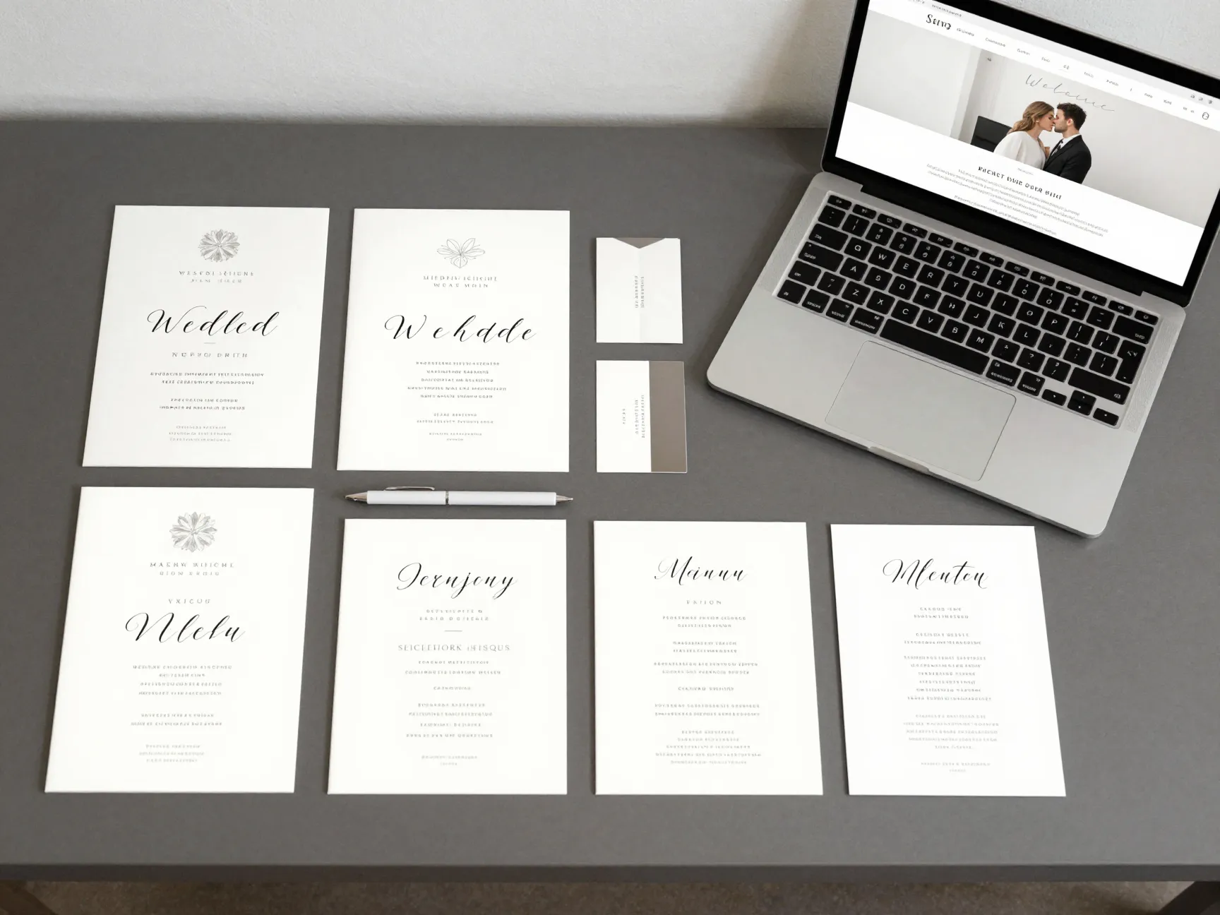 Cohesive set luxury event branding materials displayed designers desk