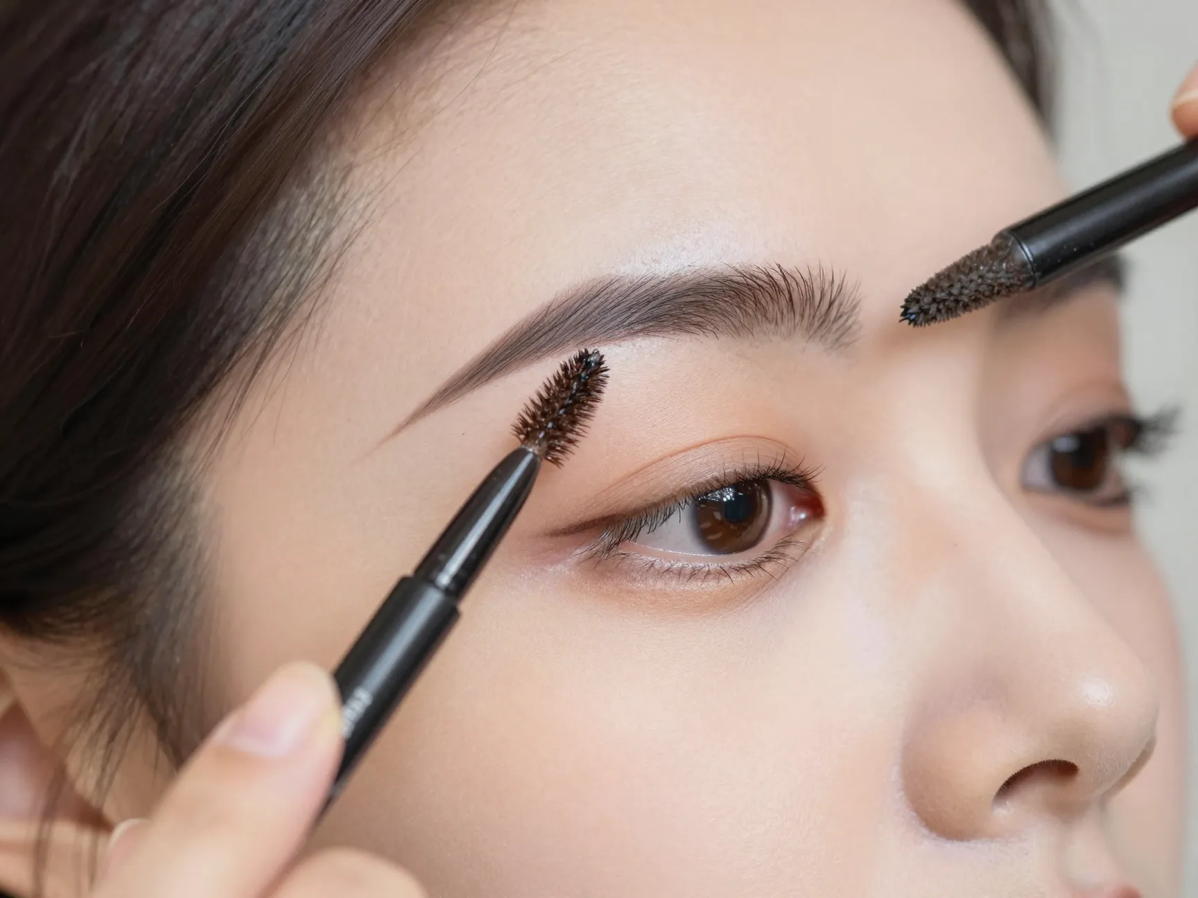 Defining brows with fine tip pencil and tinted brow gel for soft look