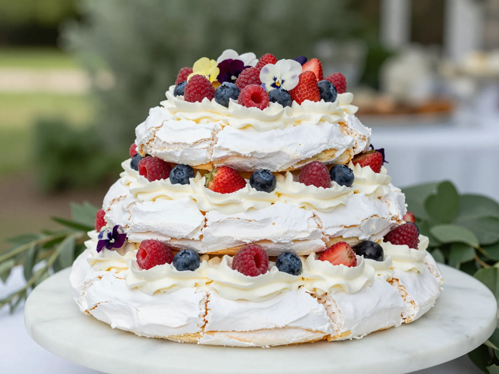 Tiered pavlova wedding cake with fresh berries and whipped cream