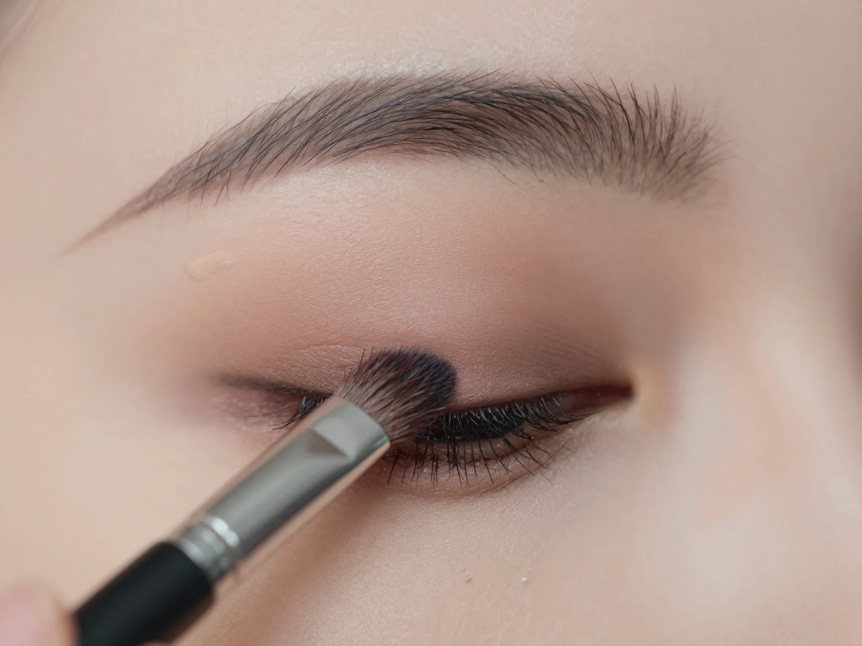 Applying neutral matte eyeshadow to crease for soft dimensional eyes
