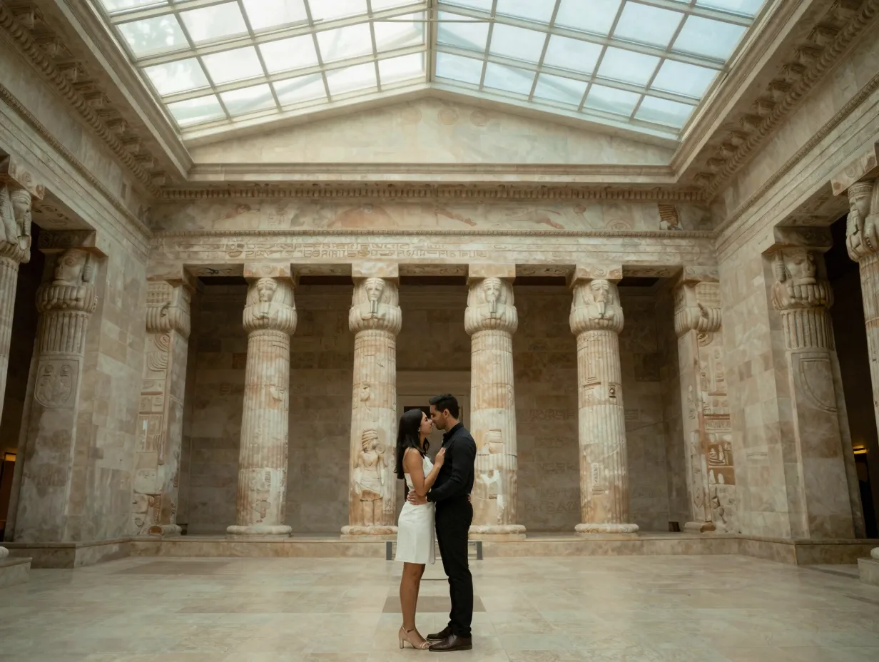 Metropolitan museum temple of dendur engagement photos in ethereal light