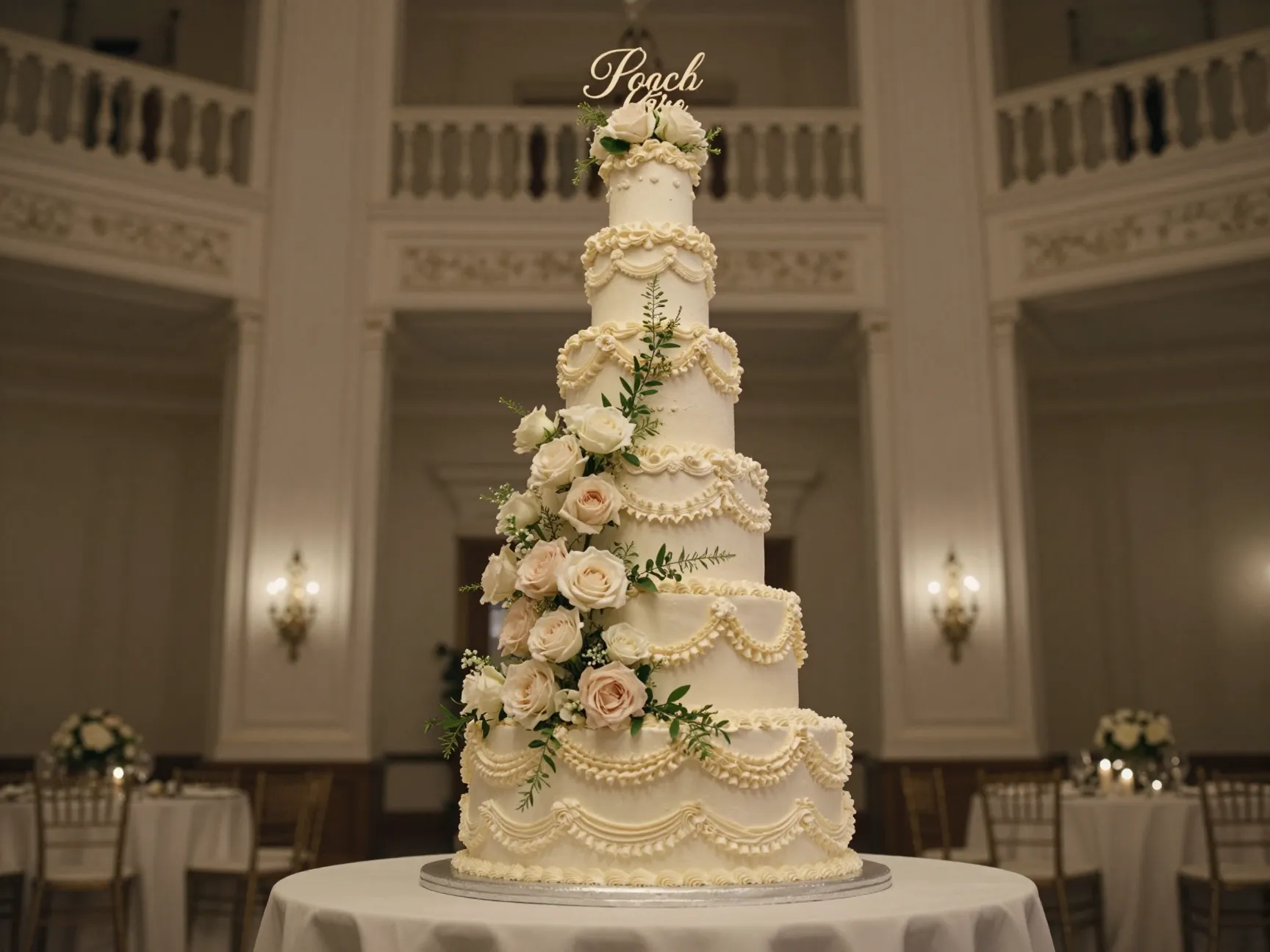 Sky high vintage tiered cake with mixed textures and cascading flowers