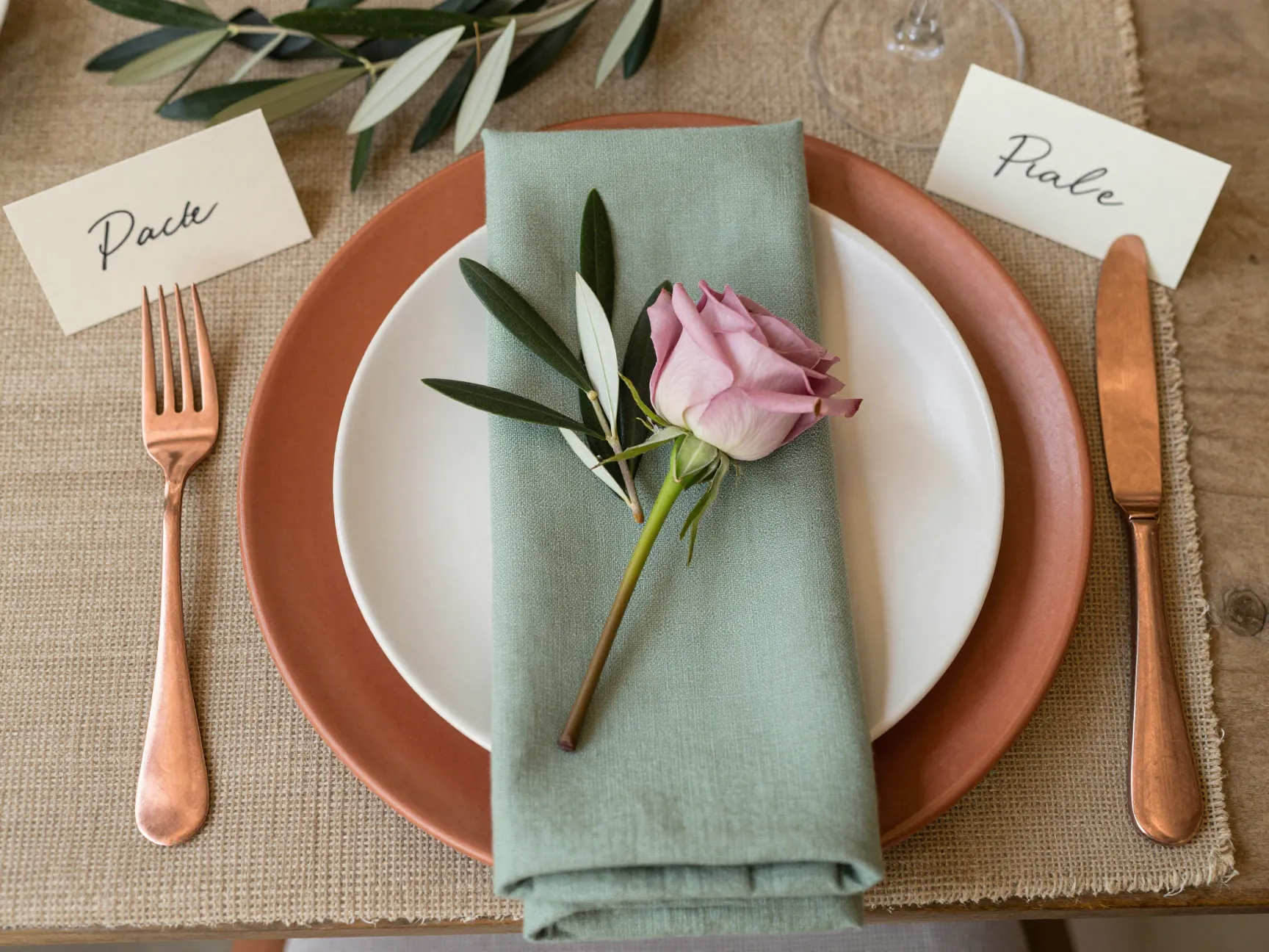 Earth tone wedding palette sage green terracotta napkins decor