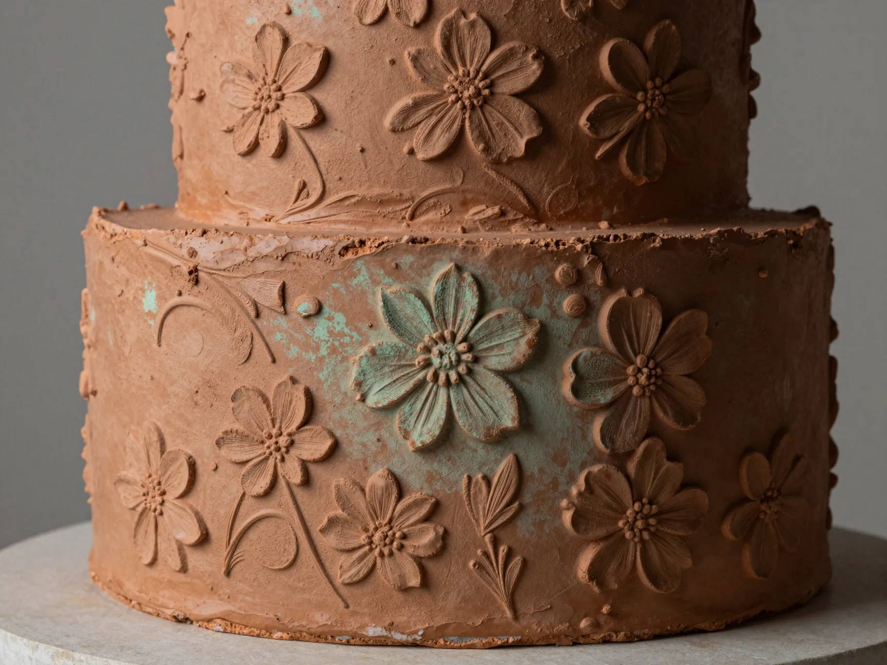 Sculptural terracotta cake with bas relief floral texture and patina