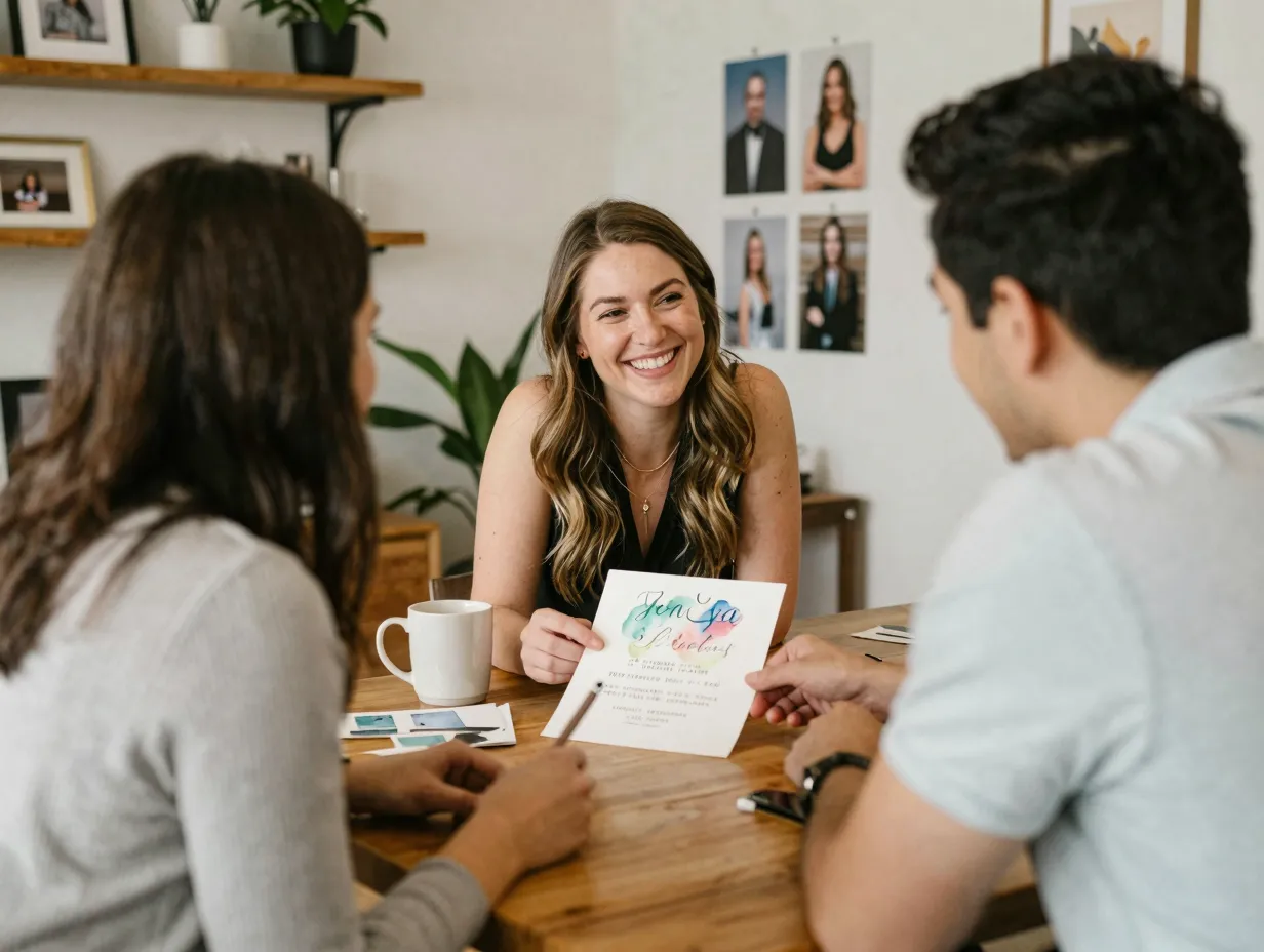 Warm consultation designer couple cozy upstate studio