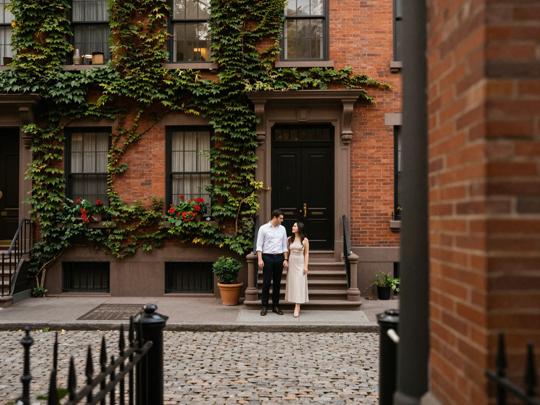 West village ivy covered brownstone engagement photos on cobblestone street