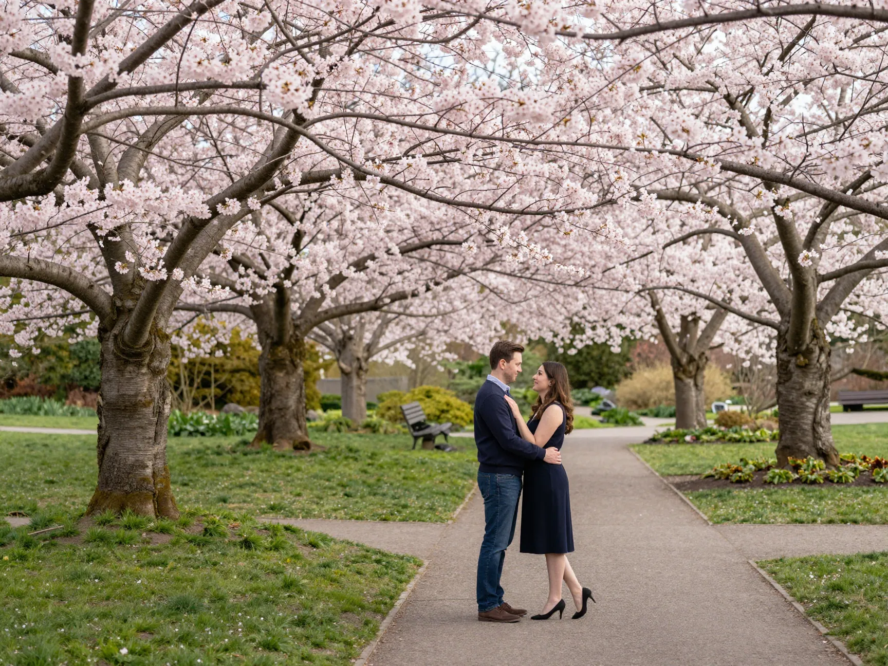 Brooklyn botanic garden cherry esplanade engagement photos during spring bloom