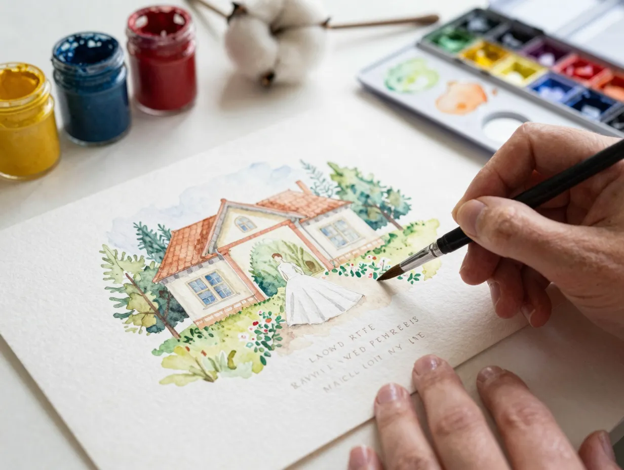 Hand painted watercolor wedding invitation artwork drying westchester studio