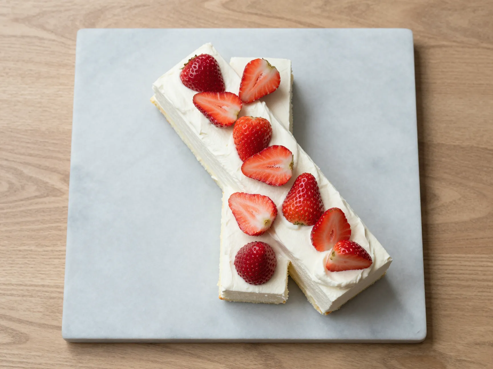 Narrow rectangular sheet cake with fresh strawberries on marble slab