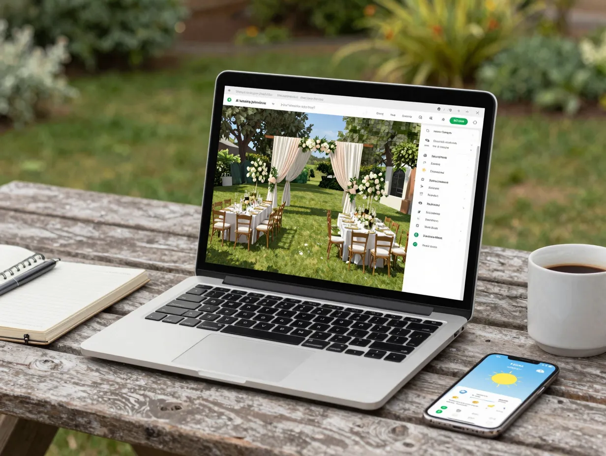 Ai wedding planning tools laptop showing venue visualization outdoors