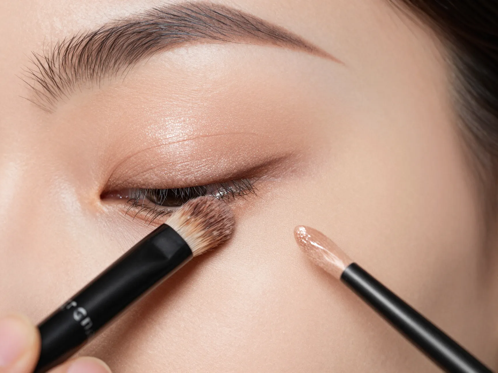 Applying fine luminous highlighter to cheekbones and inner eye corners