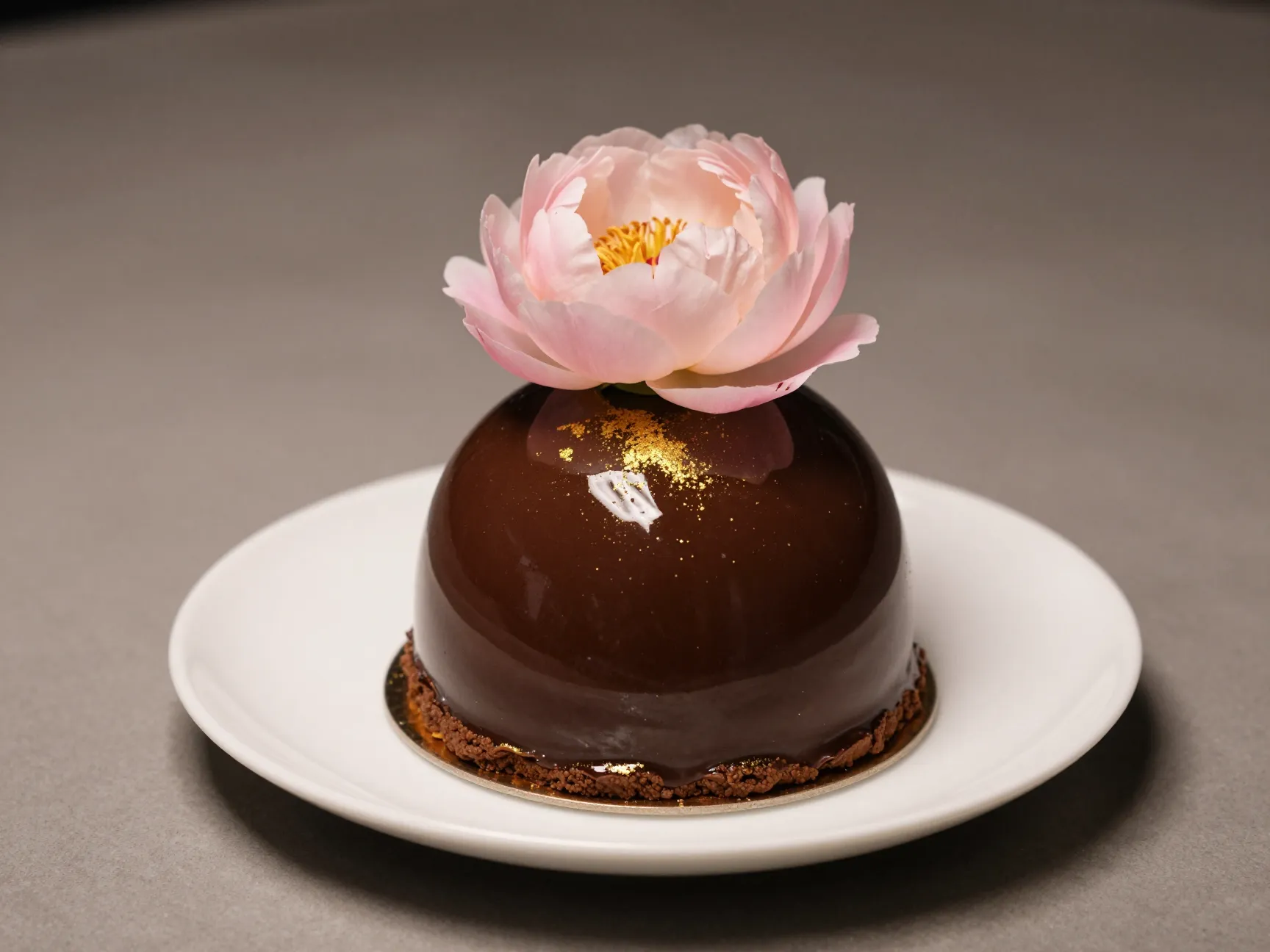 Glazed chocolate dome cake with gold dust and single flower