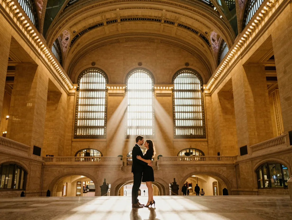 Grand central terminal main concourse engagement photos with golden light beams