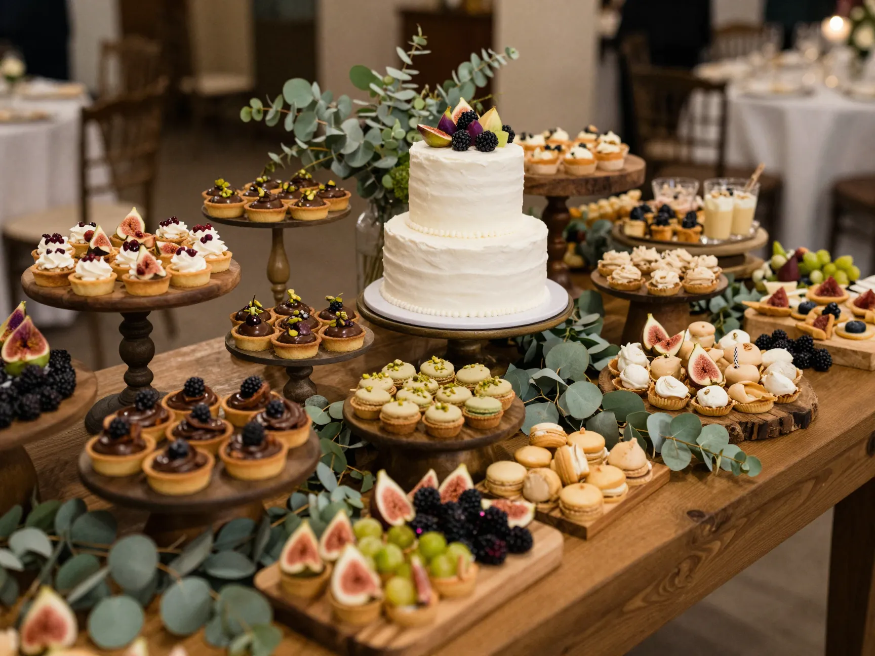 Curated dessert table with cake pastries macarons and fresh fruit