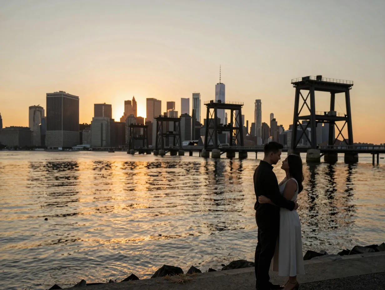 Gantry plaza state park sunset engagement photos with skyline water reflections