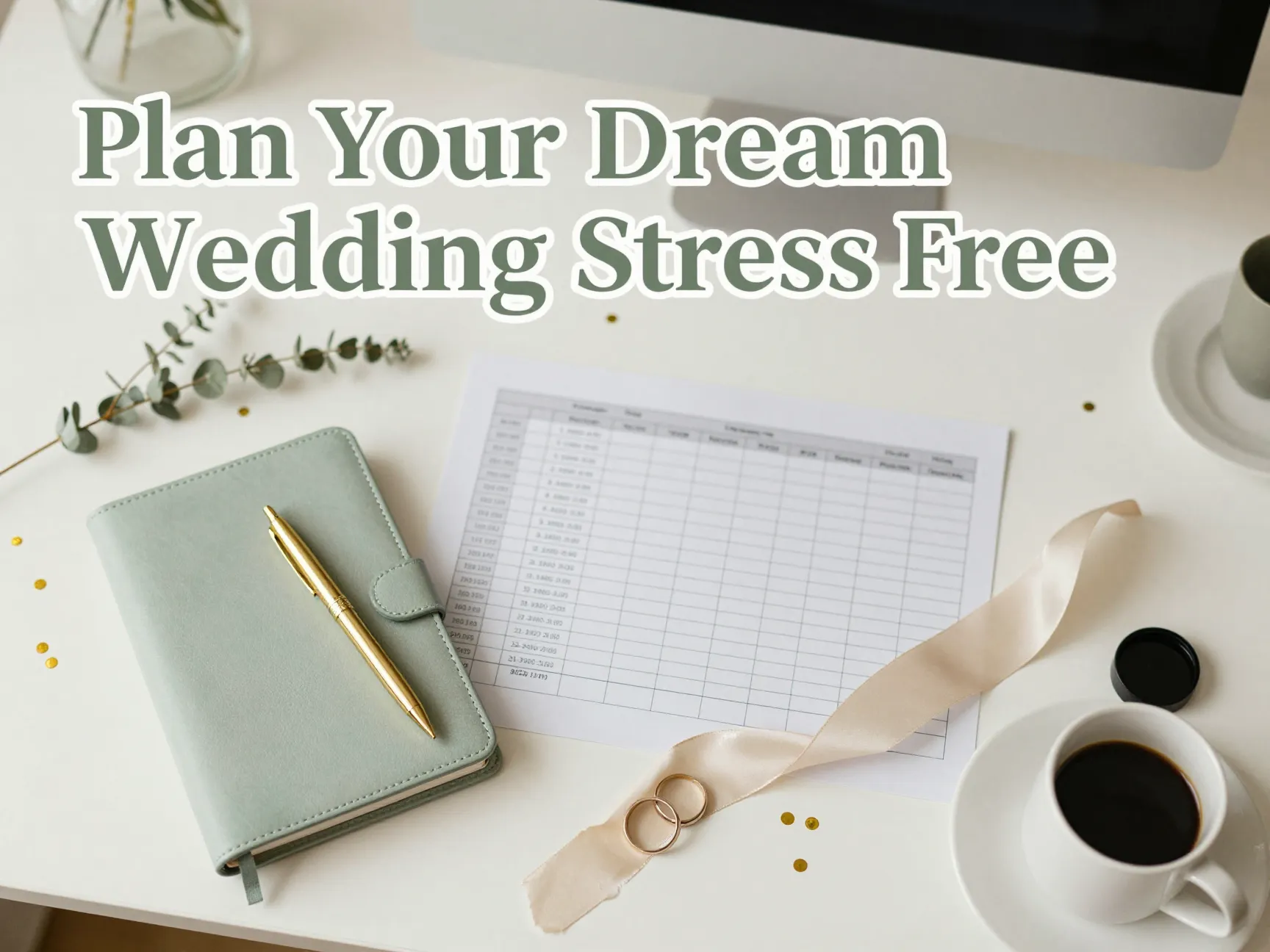 Aerial organized wedding planning desk budget notebook rings floral