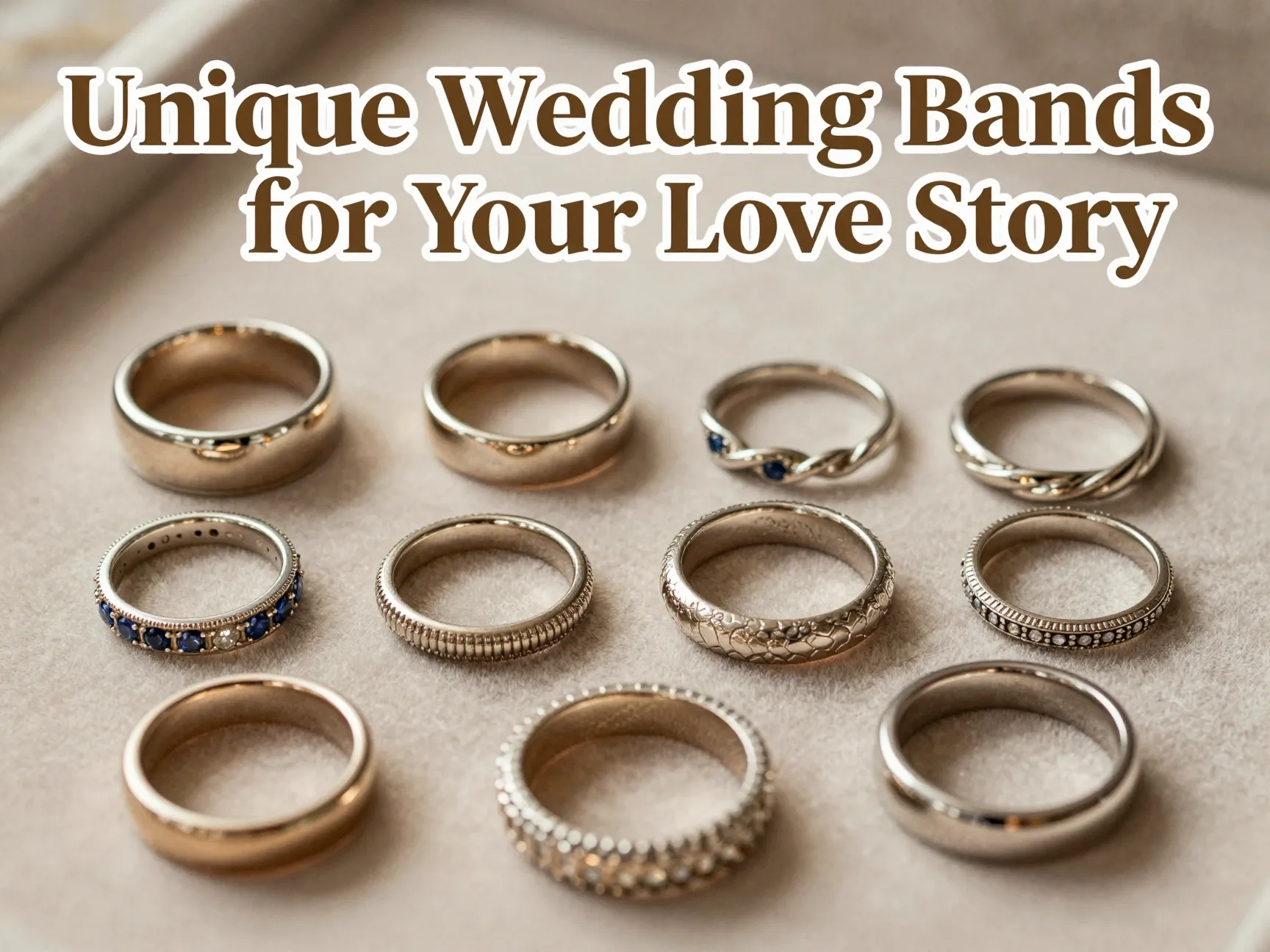 Nine unique wedding bands flat lay velvet jewelry display