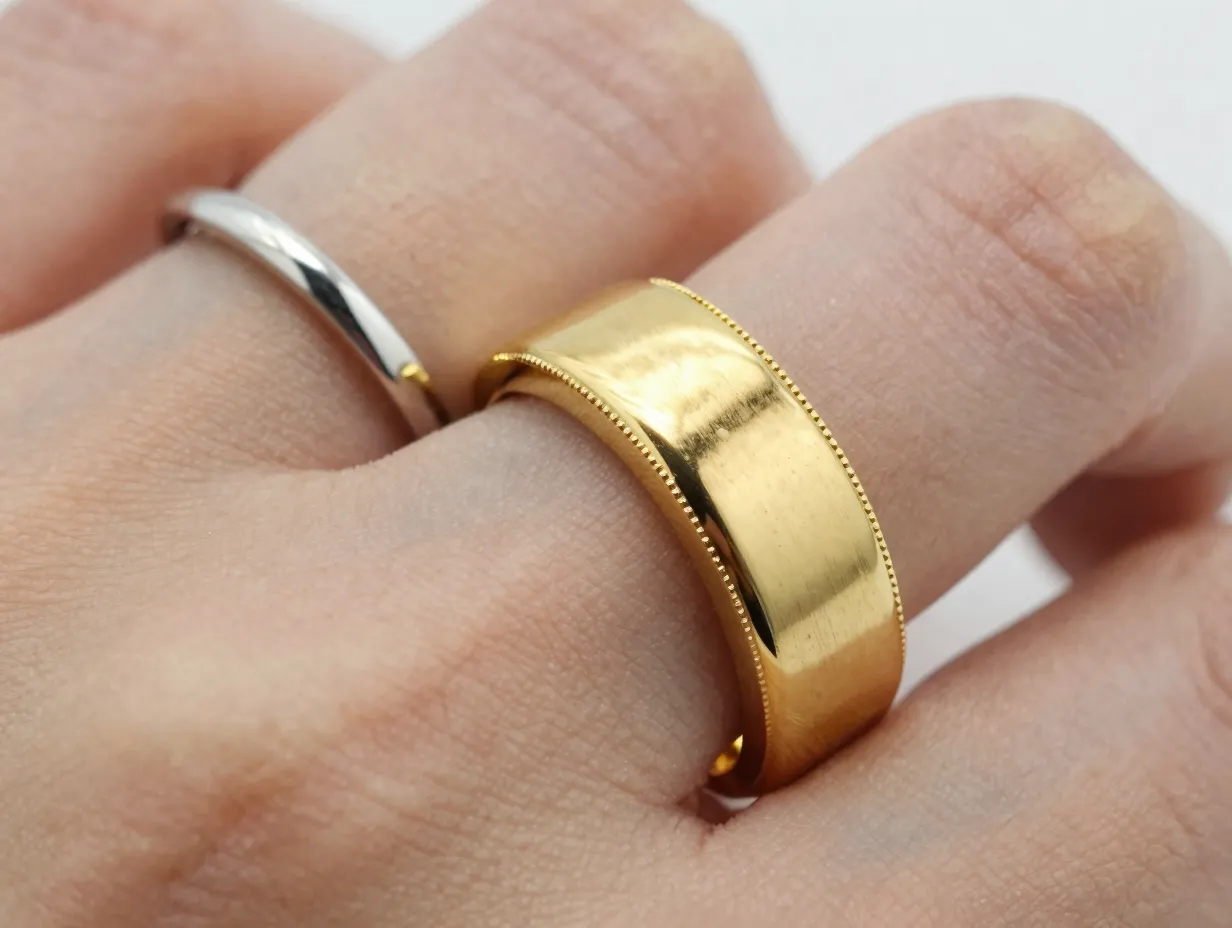 Bold wide gold cigar band on finger with milgrain edge and polished finish