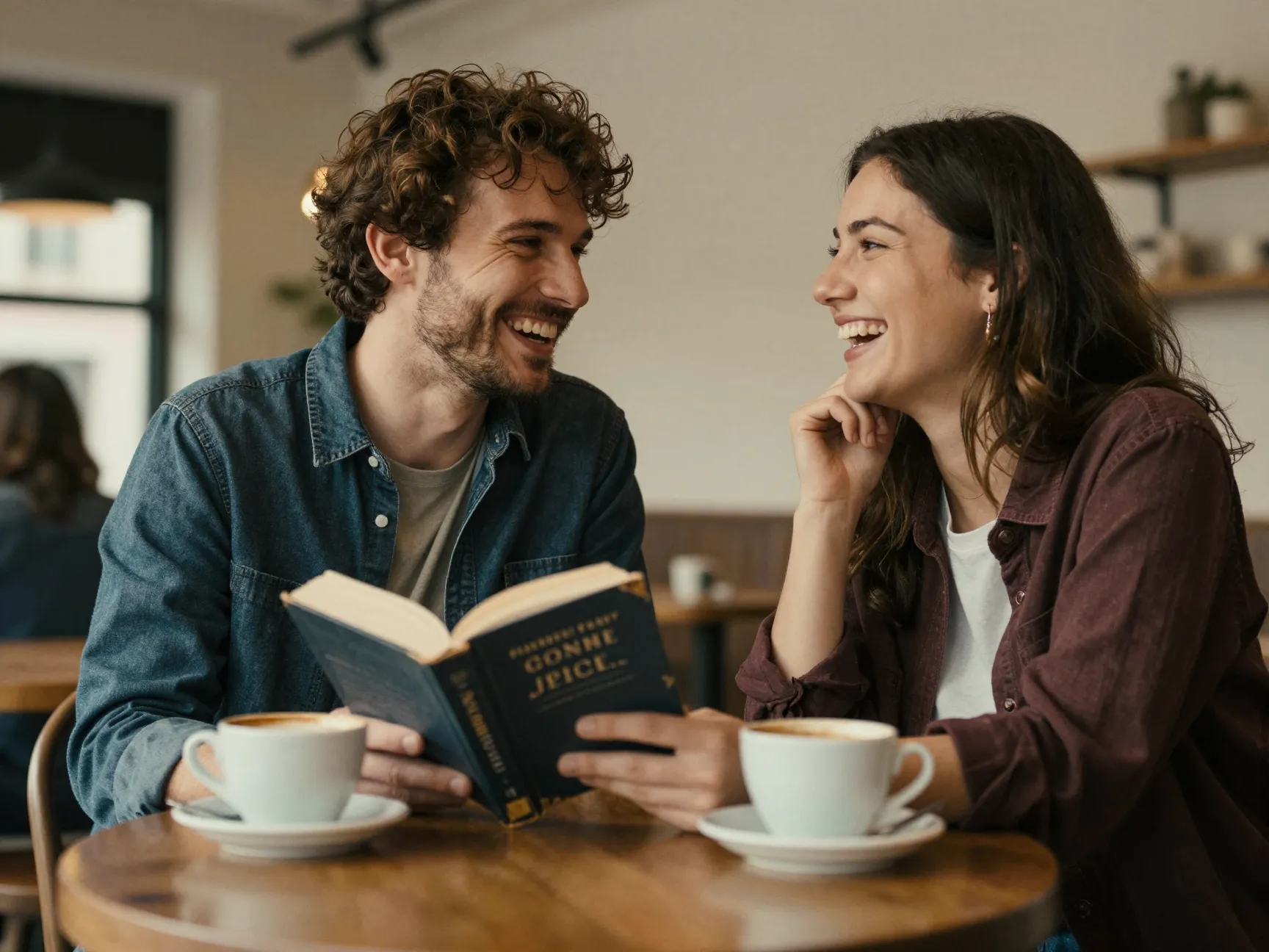 Couple laughing on first date cafe table with paperback book