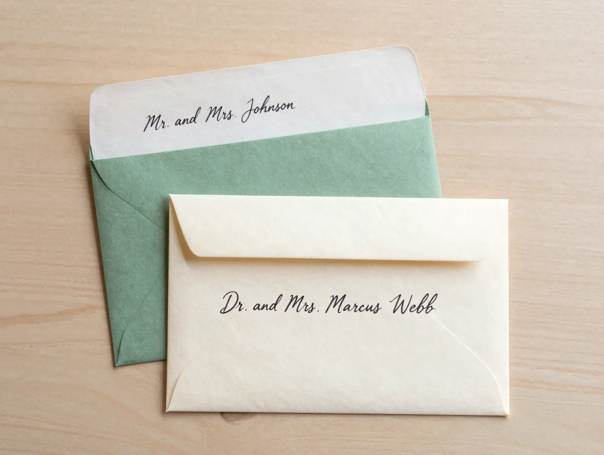 Formal inner outer envelopes with calligraphy on wooden desk