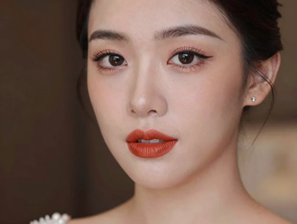Asian bride bold burnt coral statement lips minimal eye makeup banquet