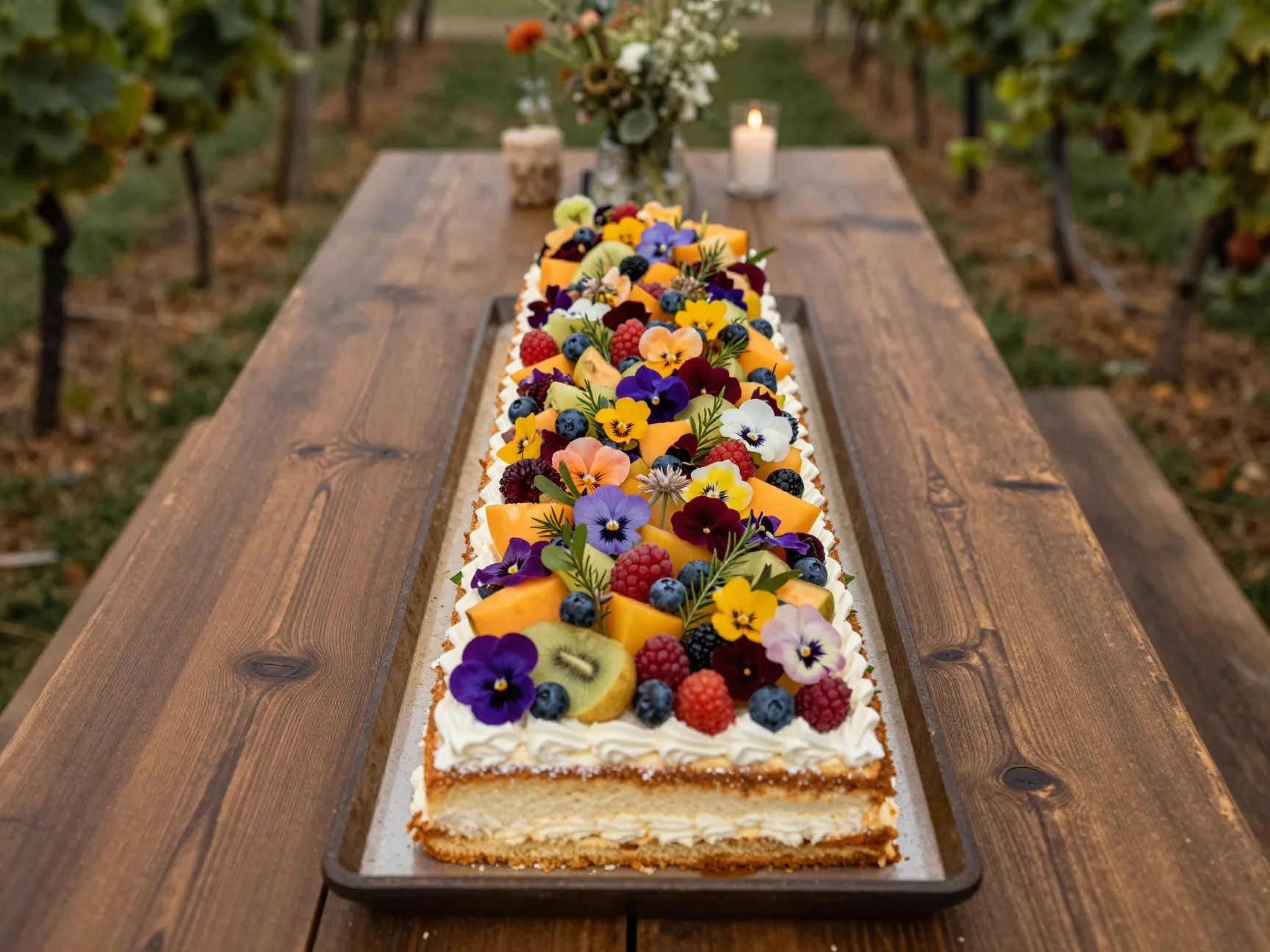 Rectangular table length cake with cascading fresh fruit