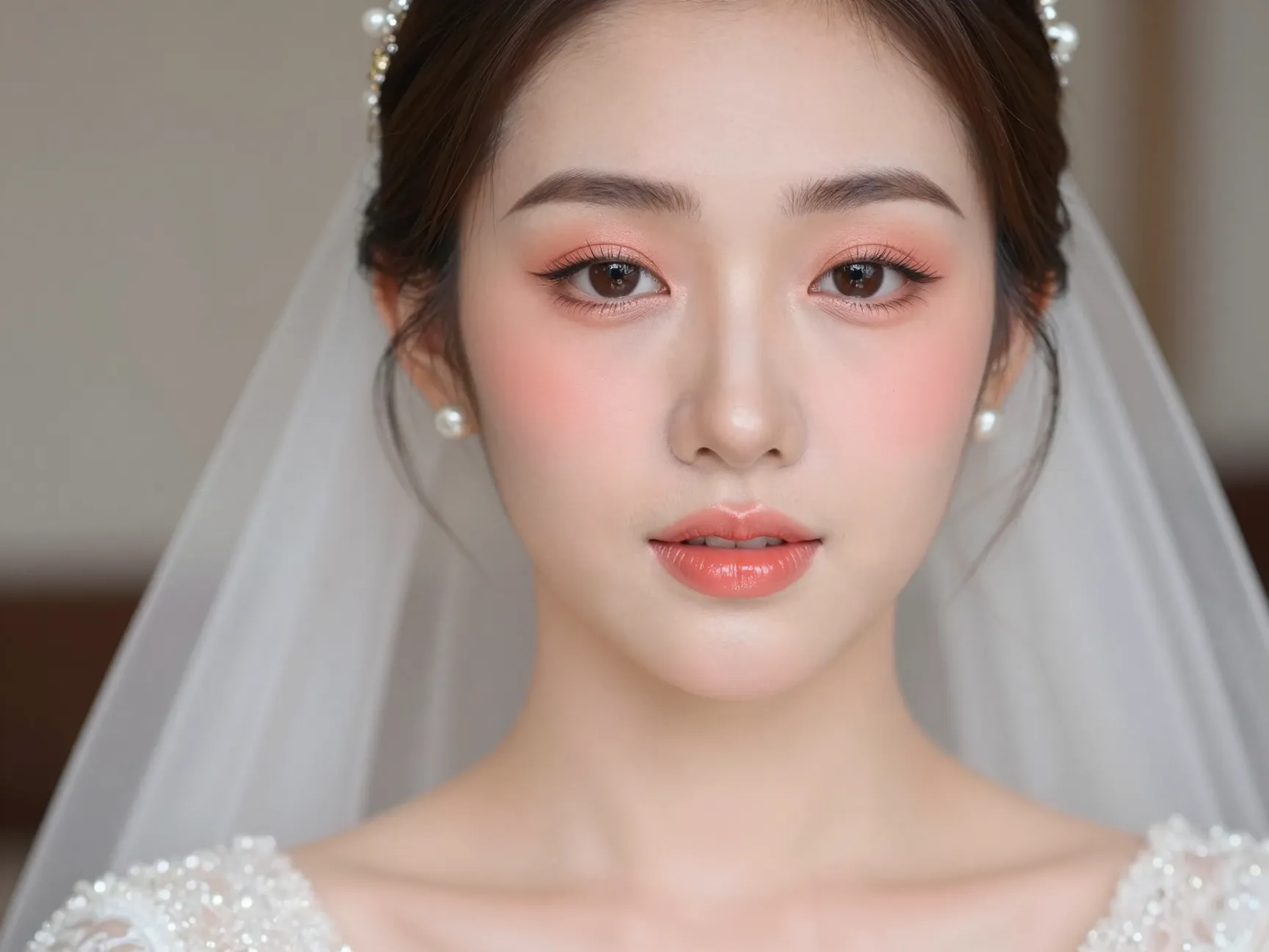 Asian bride romantic monochromatic peach makeup soft pink harmonious face