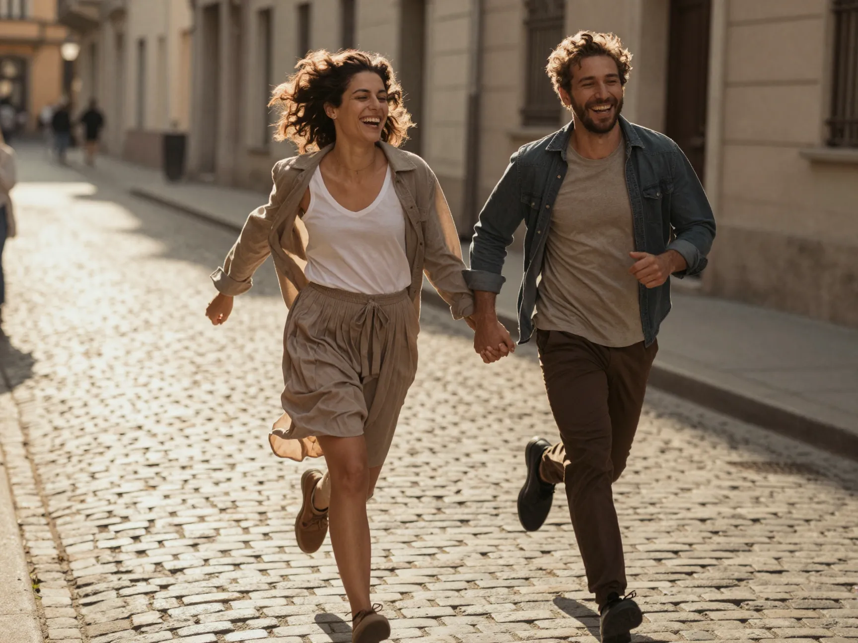 Couple laughing running hand in hand down cobblestone street