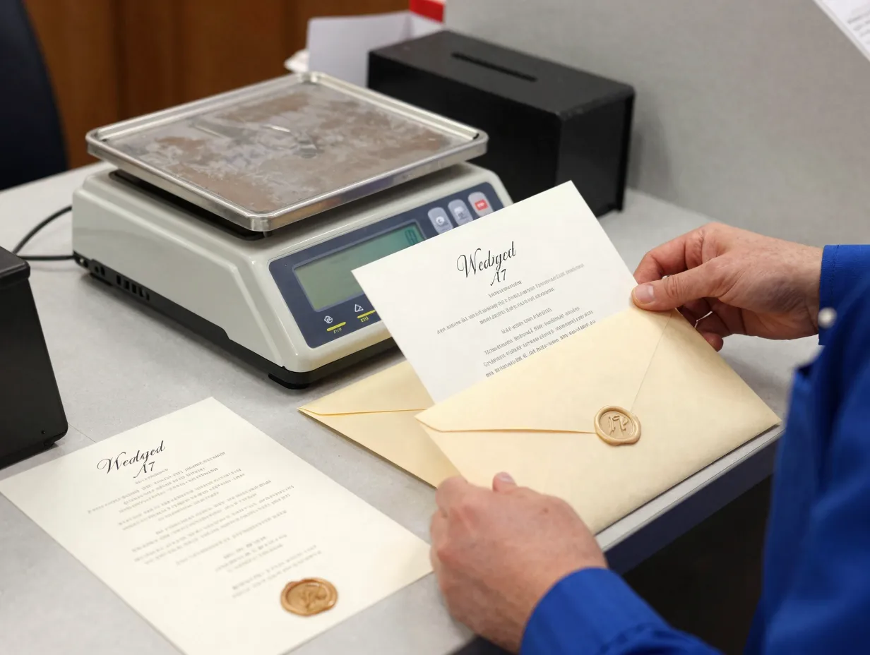 Postal worker weighing wedding invitation suite on scale