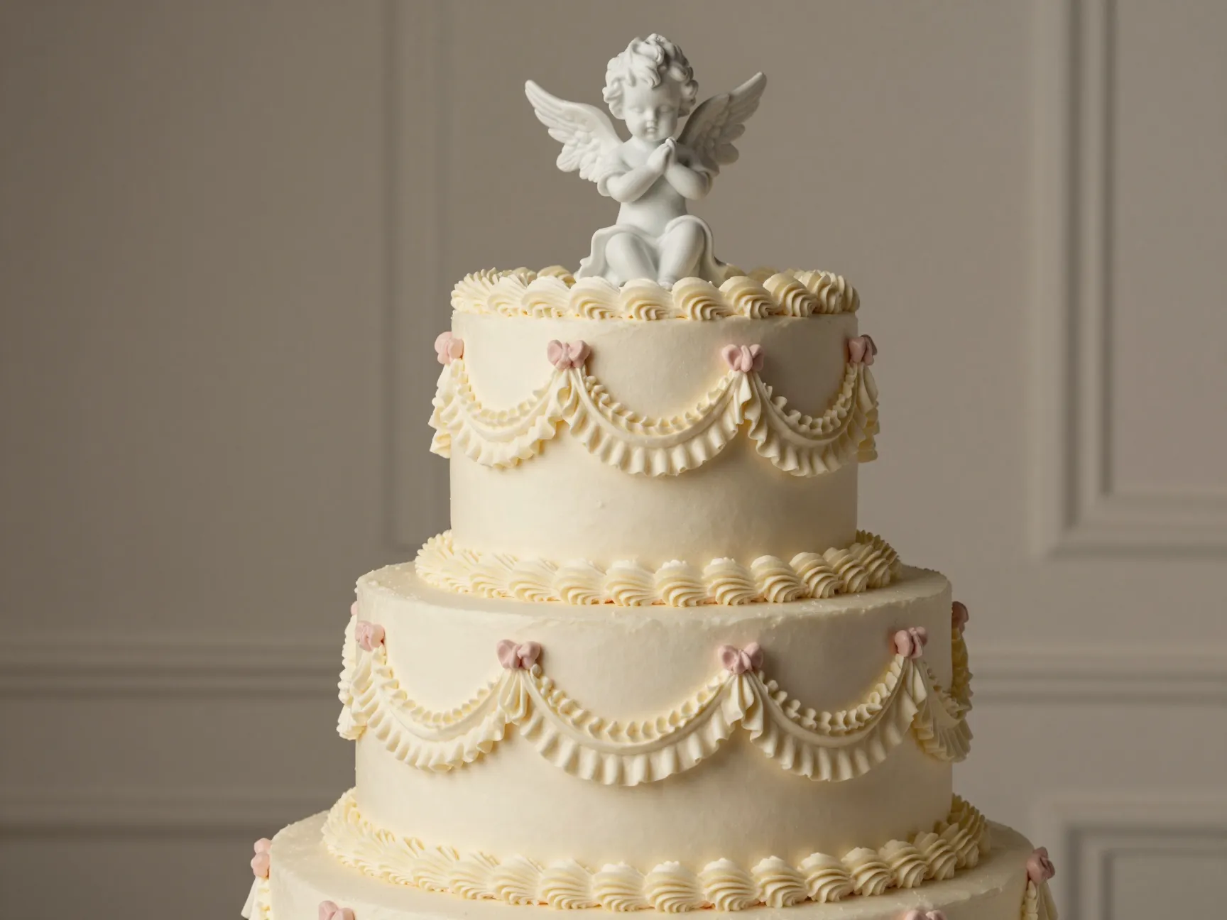 Vintage wilton revival cake with ornate piping and cherub topper