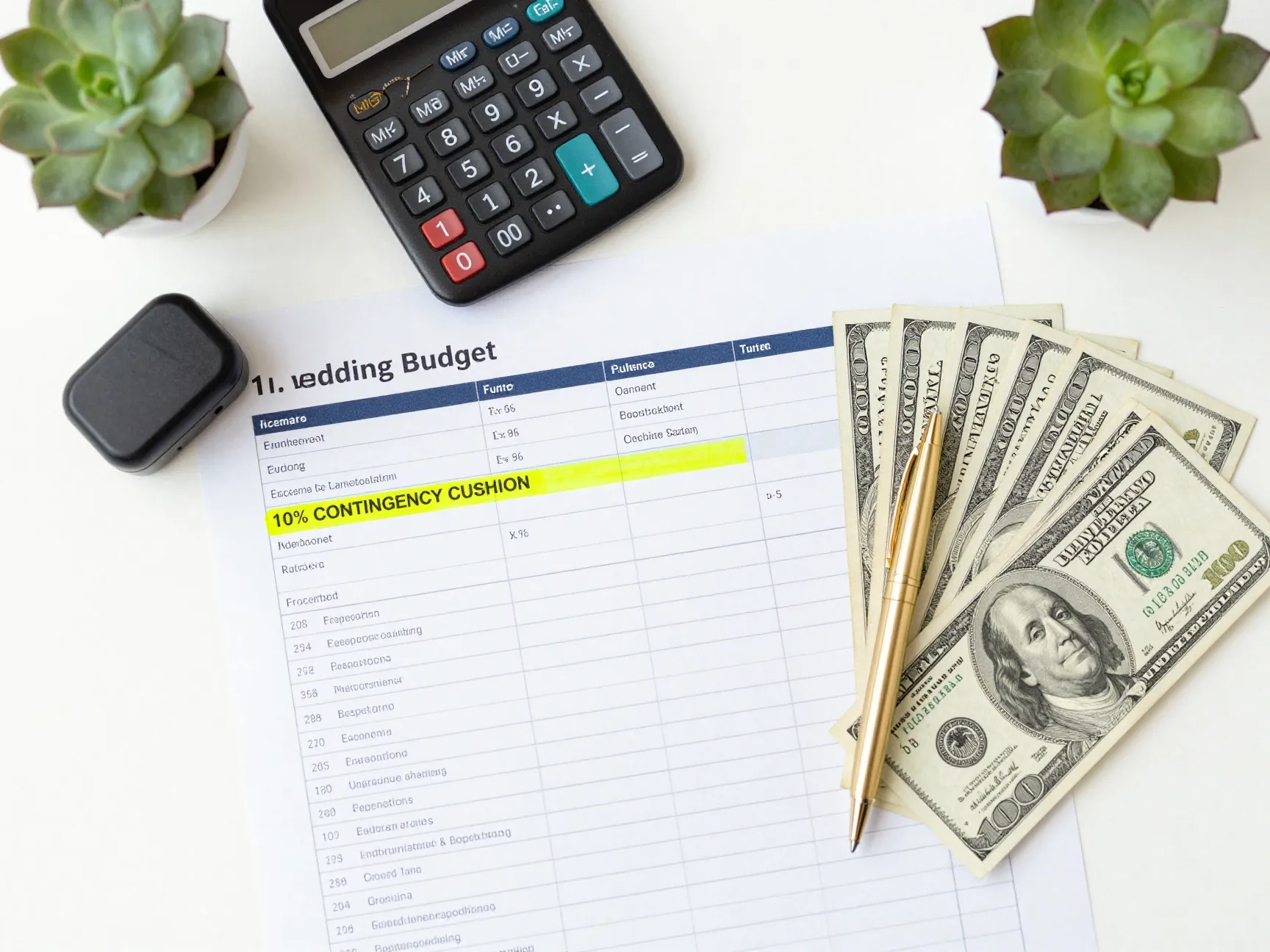 Build budget cushion wedding spreadsheet cash contingency fund flatlay