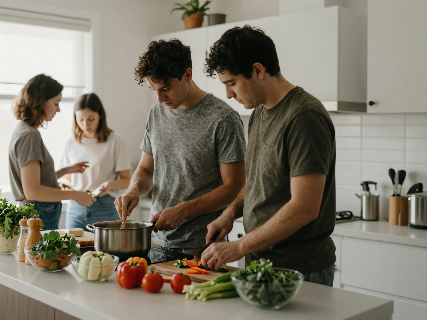 Couple cooking together in their apartment kitchen
