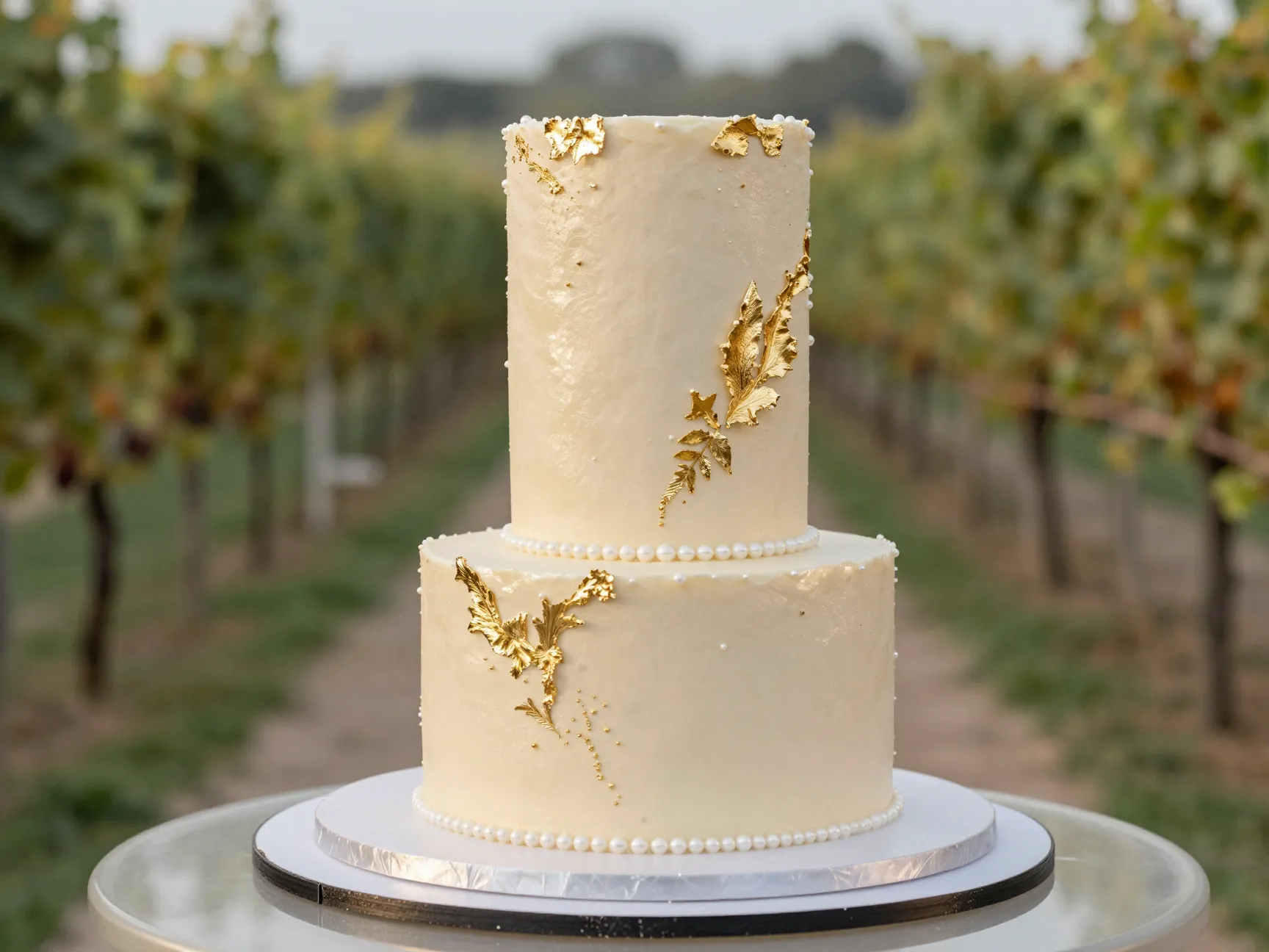 Pearlized champagne cake with gold leaf accents