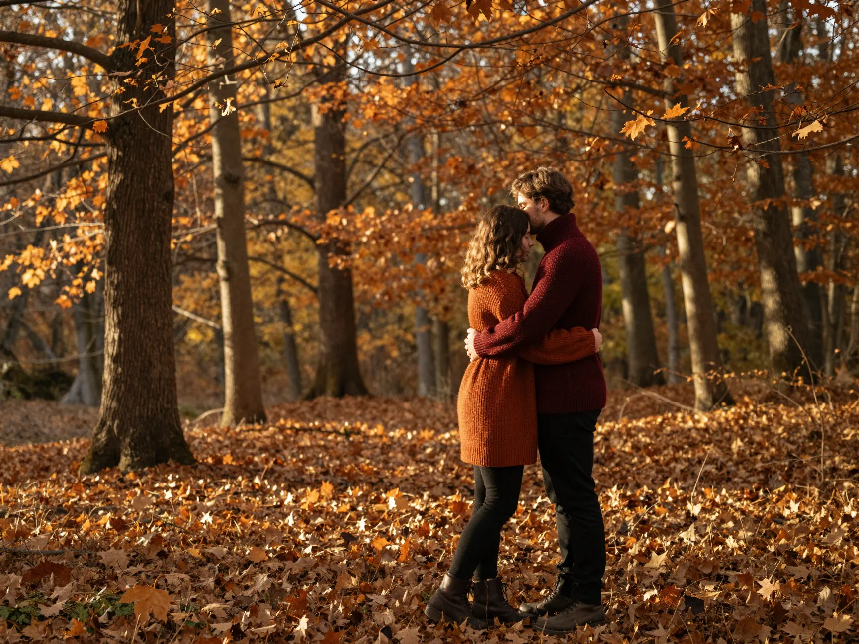 Couple in autumn knitwear hugging in woodland with amber leaves