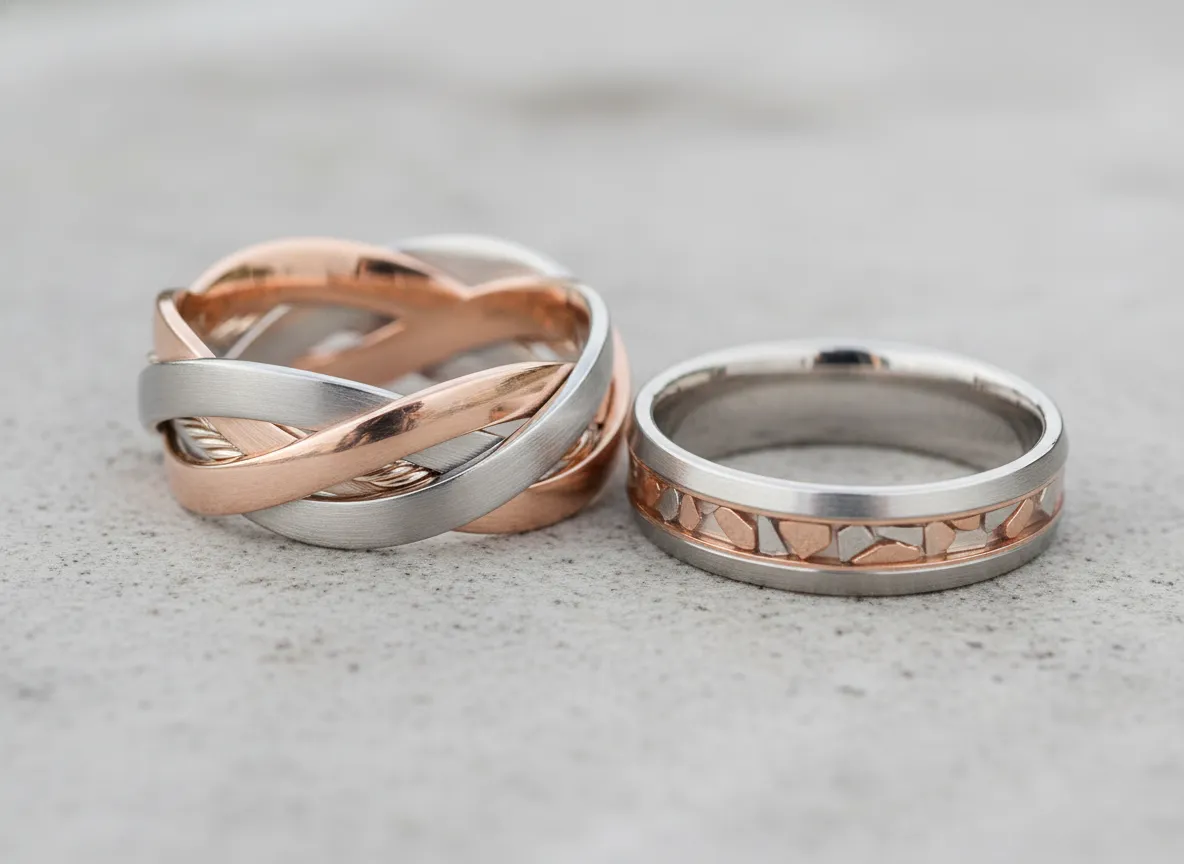 Mixed metal wedding band with rose gold and platinum braided combination