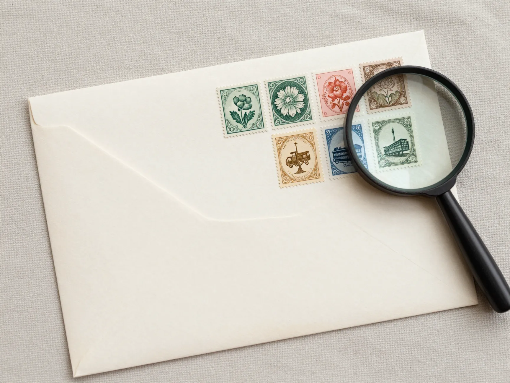 Vintage stamp mosaic on wedding envelope with magnifying glass