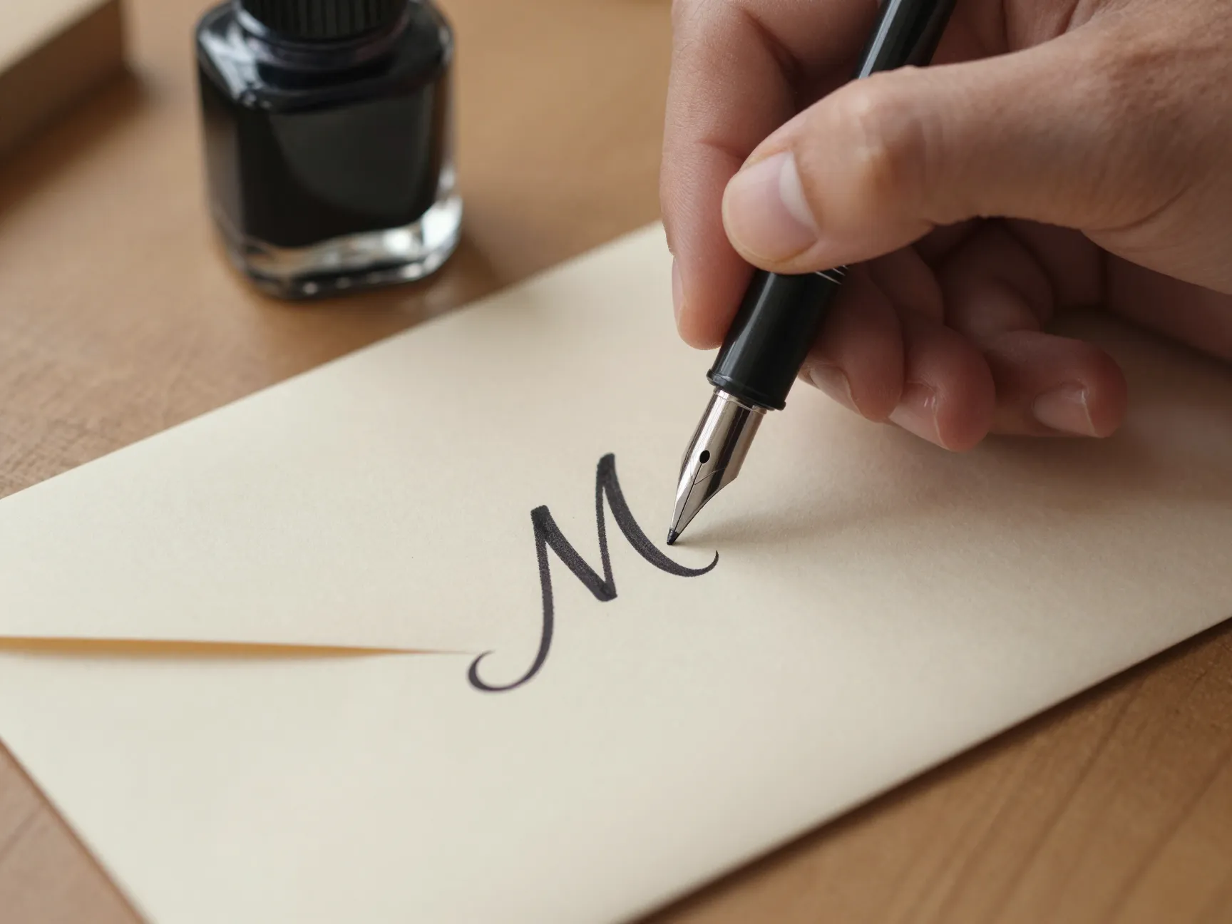 Calligraphy pen addressing envelope with black ink detail