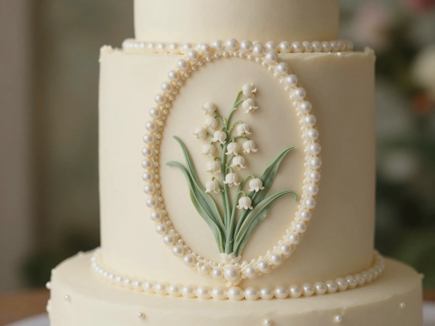 Oval cameo cake with lily of the valley piping