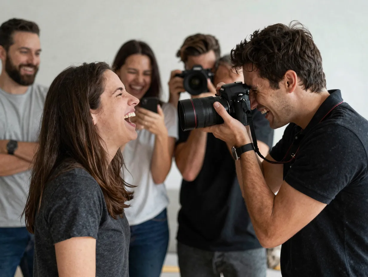 Partner photographing other laughing with professional camera