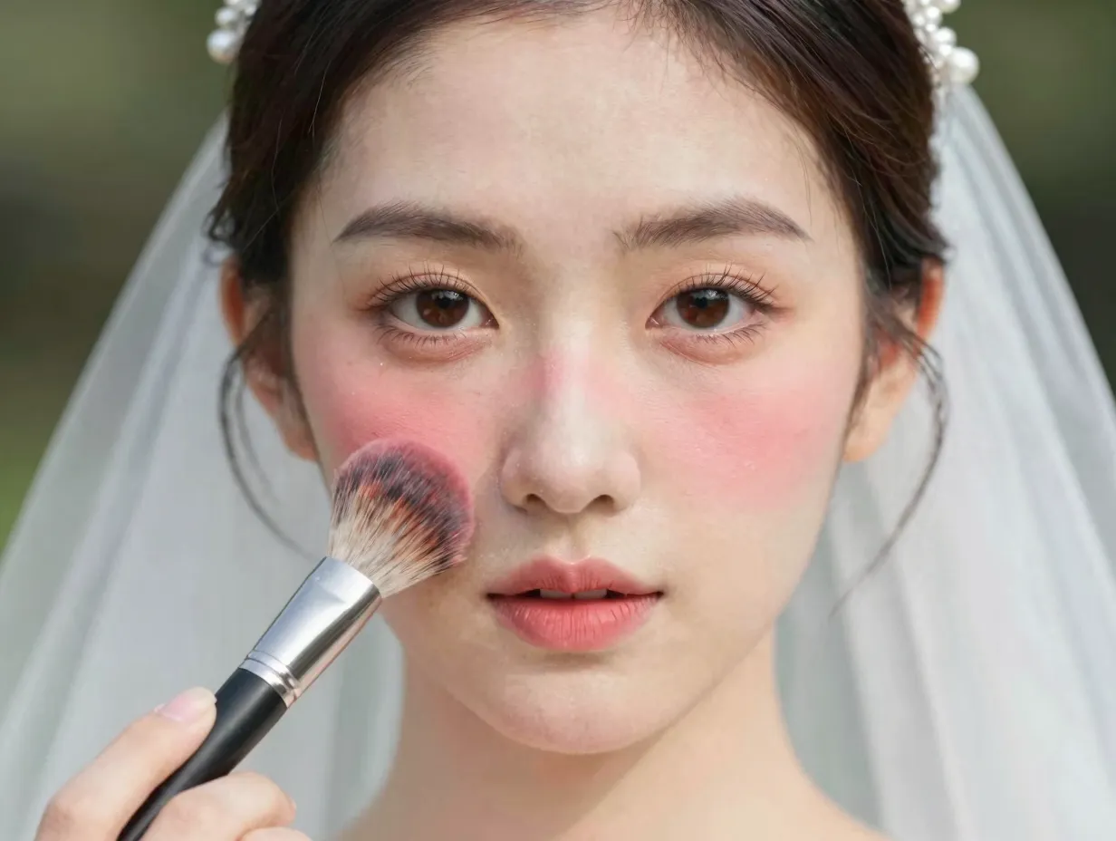 Asian bride watercolor flush blush draped across nose bridge youthful