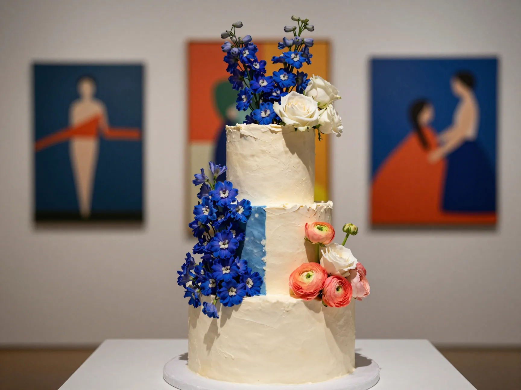 Bold color blocked floral cake with neutral base
