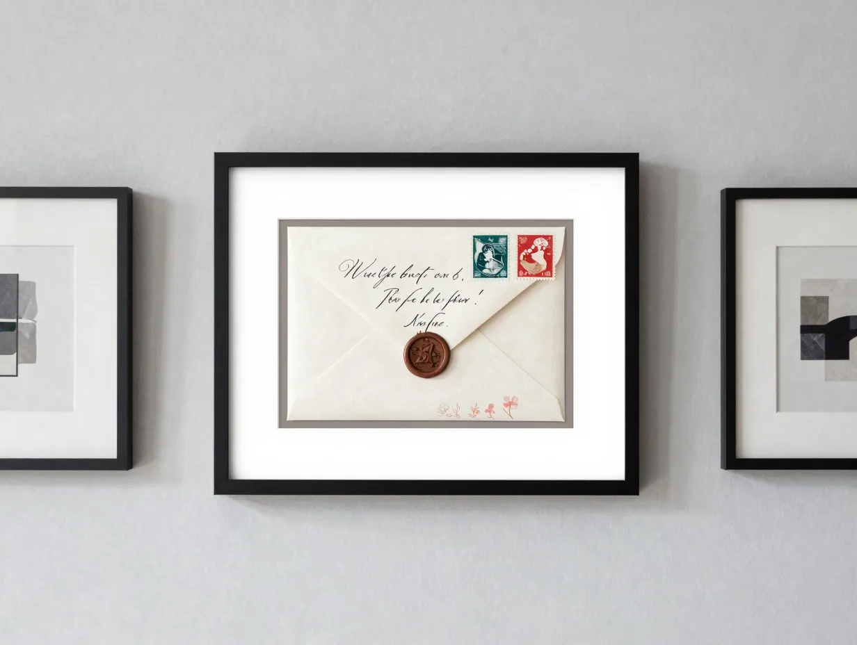Wedding envelope framed as art on modern gallery wall