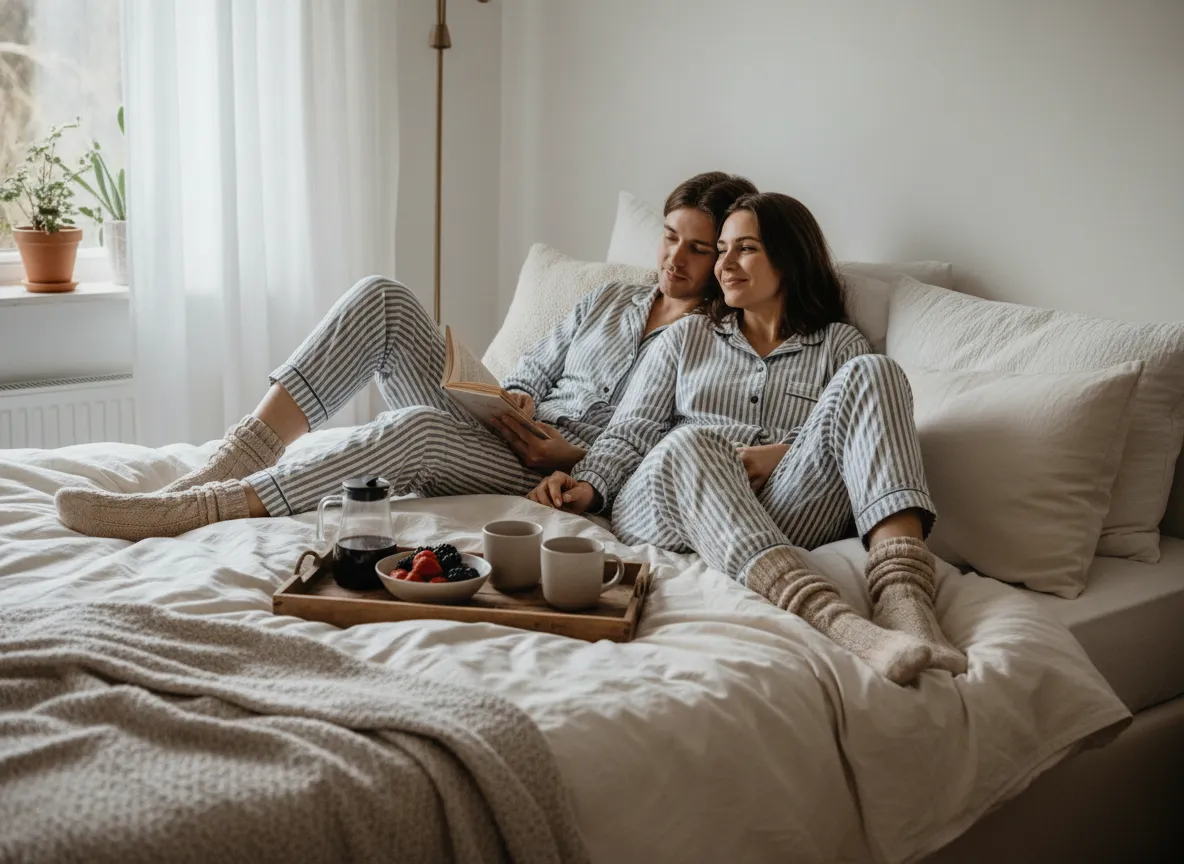 Couple in matching pajamas lounging on bed with morning light